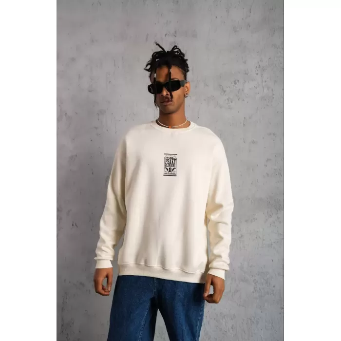 Unisex Bisiklet Yaka Baskılı Oversize Sweatshirt - Beyaz