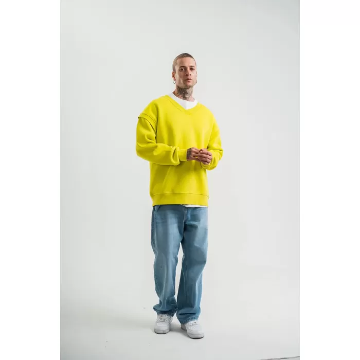 Geniş V yaka Kol Ribana Detaylı SweatShirt - Sarı