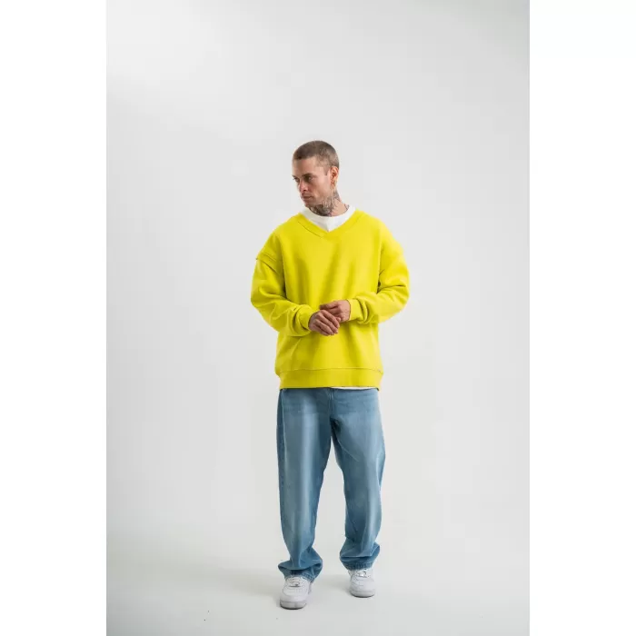 Geniş V yaka Kol Ribana Detaylı SweatShirt - Sarı