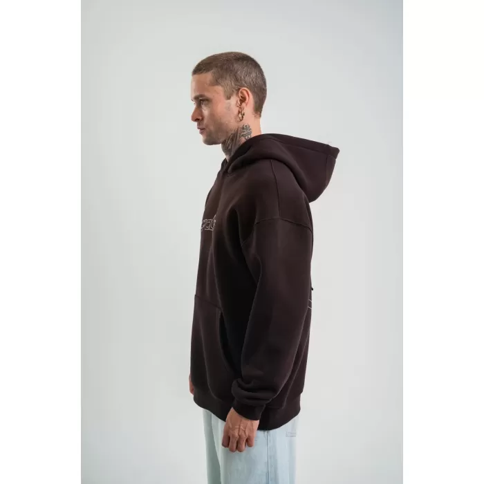 Unisex Üç İplik Kapşonlu Nakışlı SweatShirt - Kahve