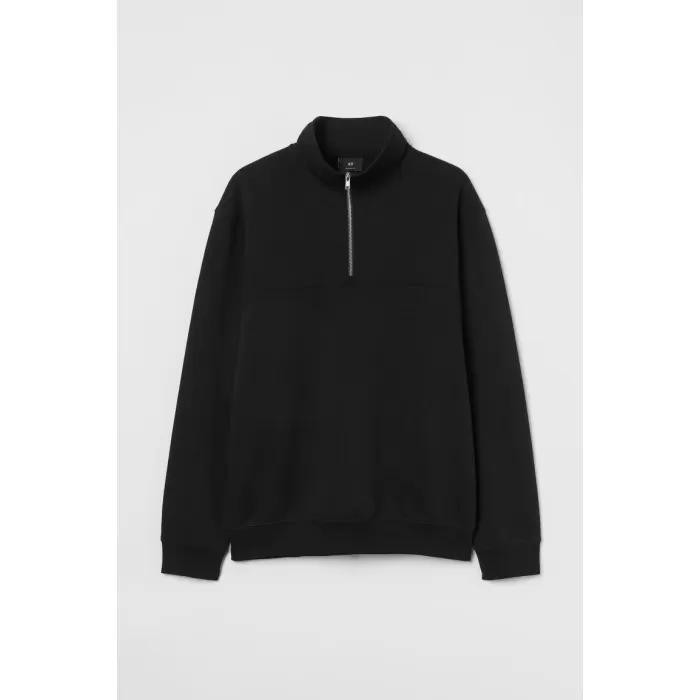 Oversize Yarım Farmuarlı Yakalı Basic SweatShirt - Siyah