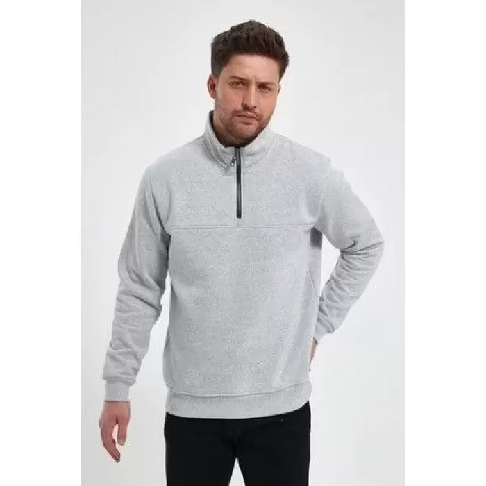 Oversize Yarım Farmuarlı Yakalı Basic SweatShirt - Gri