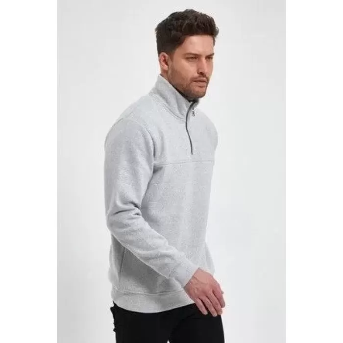 Oversize Yarım Farmuarlı Yakalı Basic SweatShirt - Gri