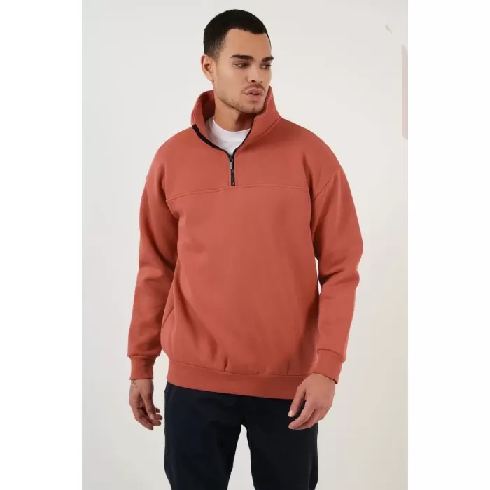 Oversize Yarım Farmuarlı Yakalı Basic SweatShirt - Gül Kurusu