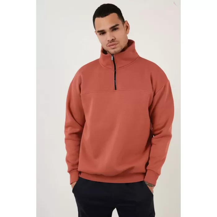 Oversize Yarım Farmuarlı Yakalı Basic SweatShirt - Gül Kurusu