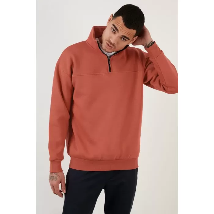 Oversize Yarım Farmuarlı Yakalı Basic SweatShirt - Gül Kurusu