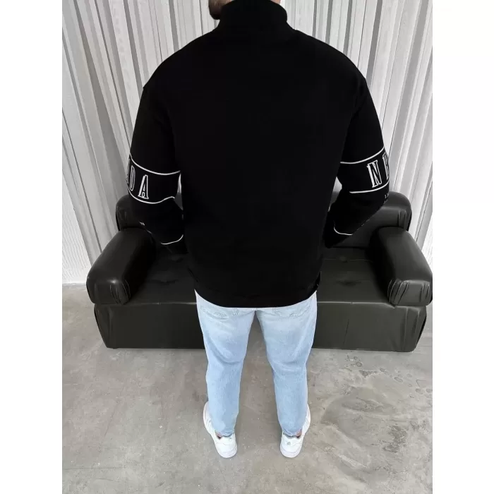 Erkek Yarım Fermuarlı Oversize Baskılı SweatShirt - Siyah