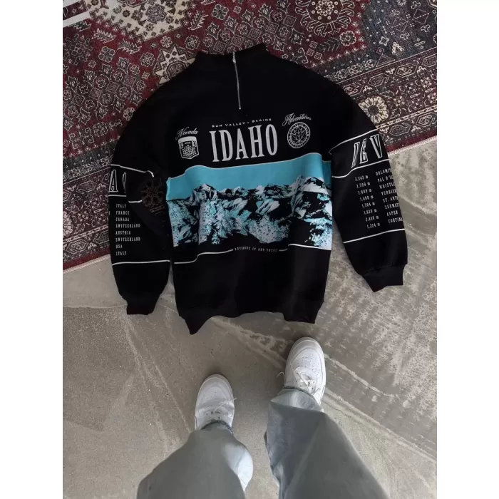 Erkek Yarım Fermuarlı Oversize Baskılı SweatShirt - Siyah