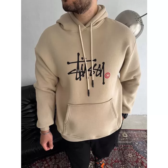 Üç İplik Kapşonlu Baskılı SweatShirt - Bej