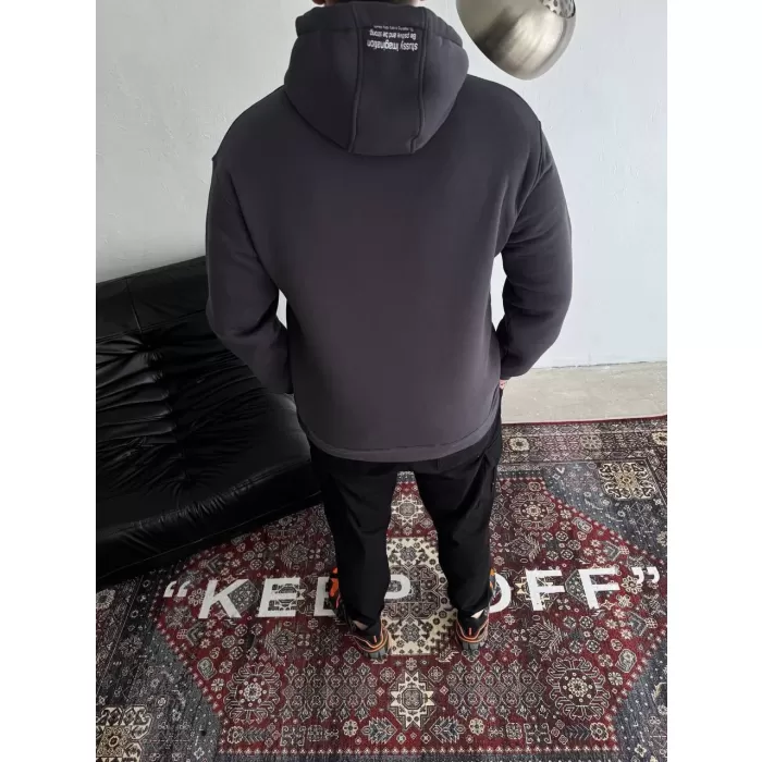 Üç İplik Kapşonlu Baskılı SweatShirt - Füme