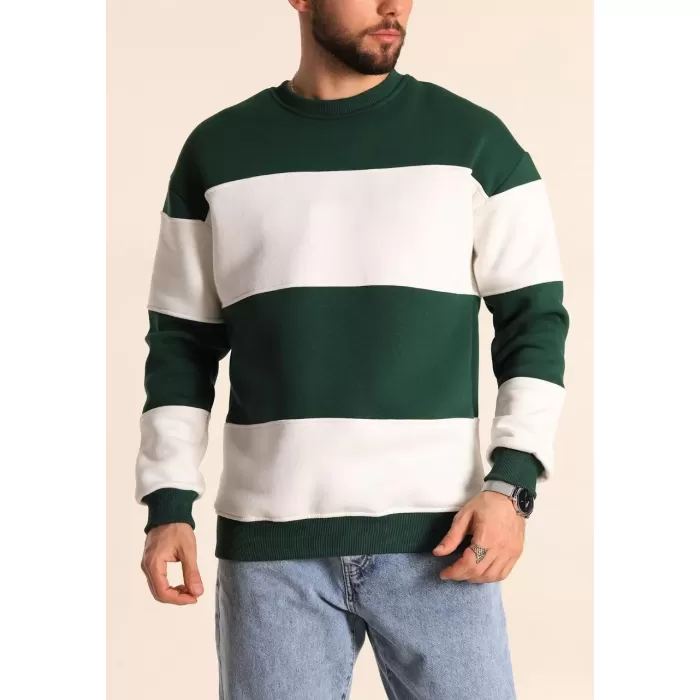 Parçalı Bisiklet Yaka Baskılı SweatShirt - Yeşil