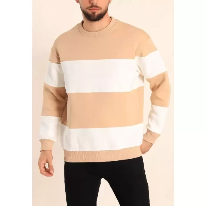 Parçalı Bisiklet Yaka Baskılı SweatShirt - Bej