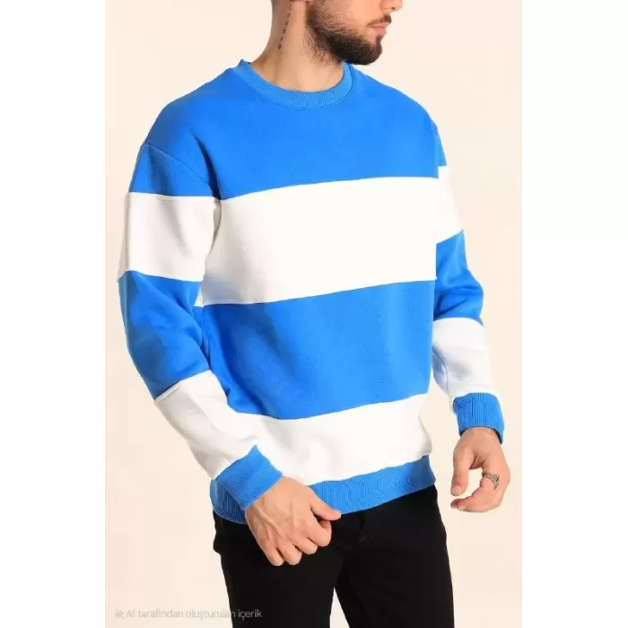 Parçalı Bisiklet Yaka Baskılı SweatShirt - Mavi