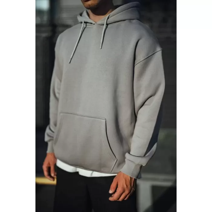 Üç İplik Penye Kapşonlu Basic SweatShirt - Boyalı Gri