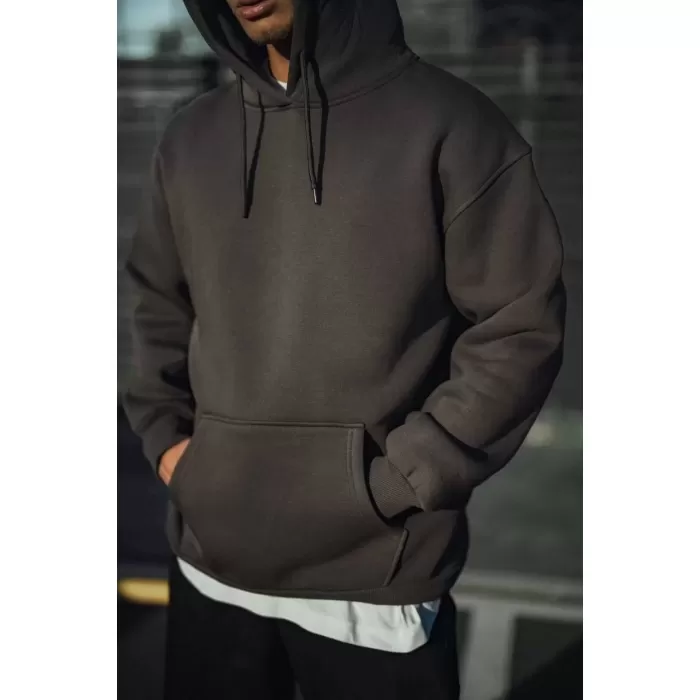 Üç İplik Penye Kapşonlu Basic SweatShirt - Füme