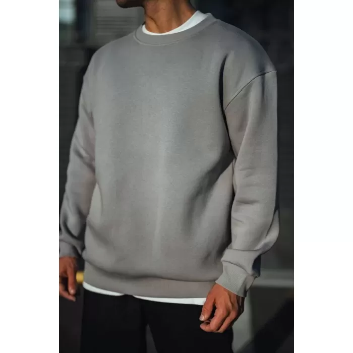 Kışlık Bisiklet Yaka Üç İplik Basic SweatShirt - Boyalı Gri