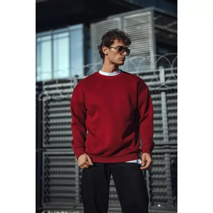 Kışlık Bisiklet Yaka Üç İplik Basic SweatShirt - Bordo