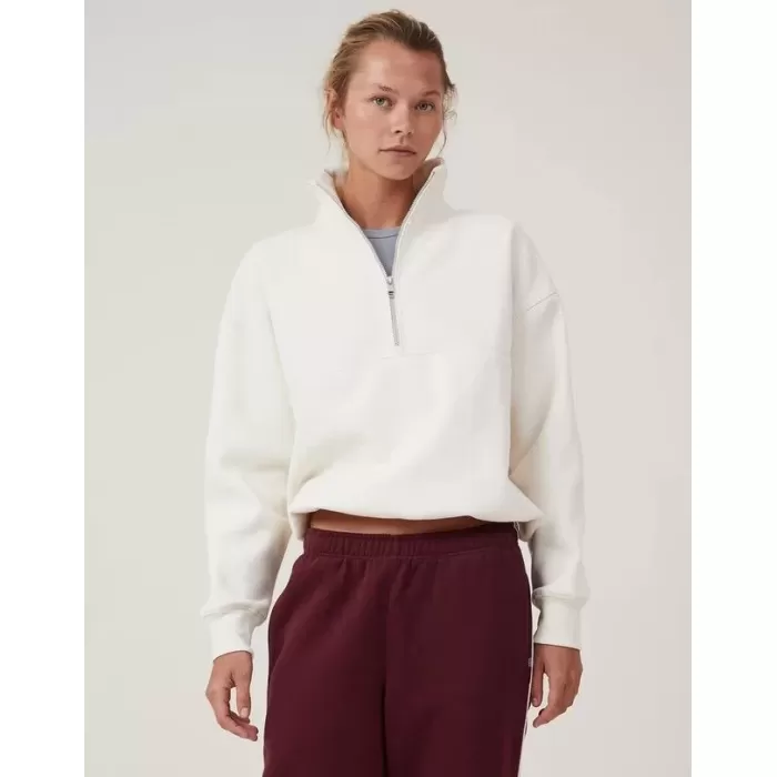 Oversize Yarım Farmuarlı Yakalı Basic SweatShirt - Beyaz