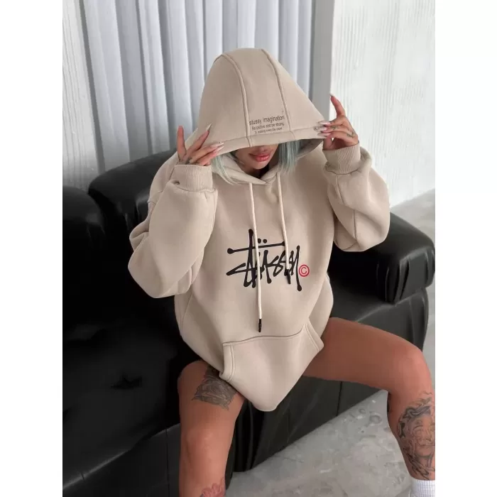 Üç İplik Kapşonlu Baskılı SweatShirt - Bej