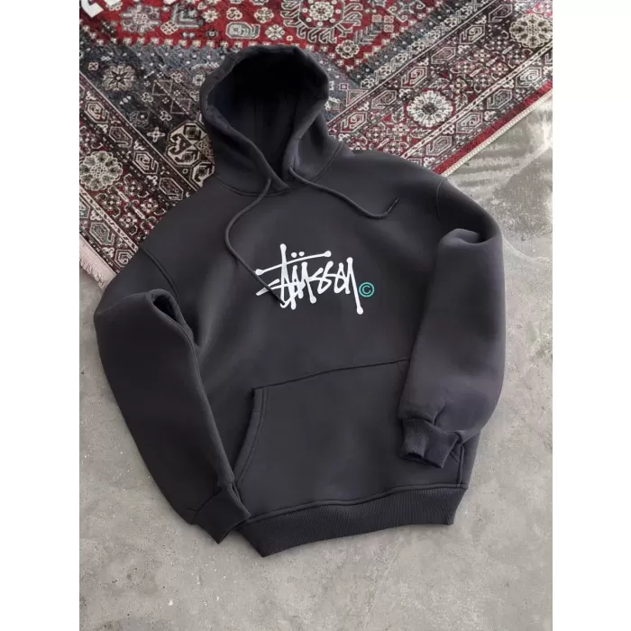 Üç İplik Kapşonlu Baskılı SweatShirt - Füme