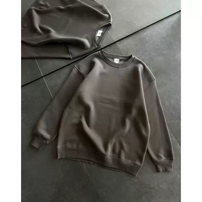 Kışlık Bisiklet Yaka Üç İplik Basic SweatShirt - Füme