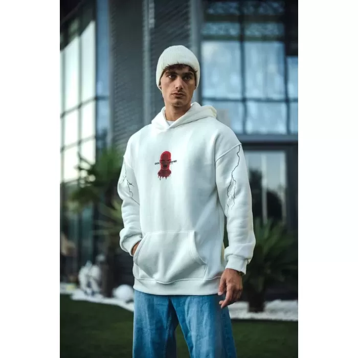 Üç İplik Kapüşonlu Baskılı Oversize SweatShirt- Beyaz