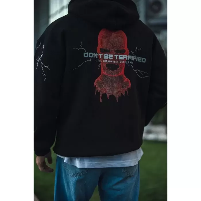 Üç İplik Kapüşonlu Baskılı Oversize SweatShirt- Siyah