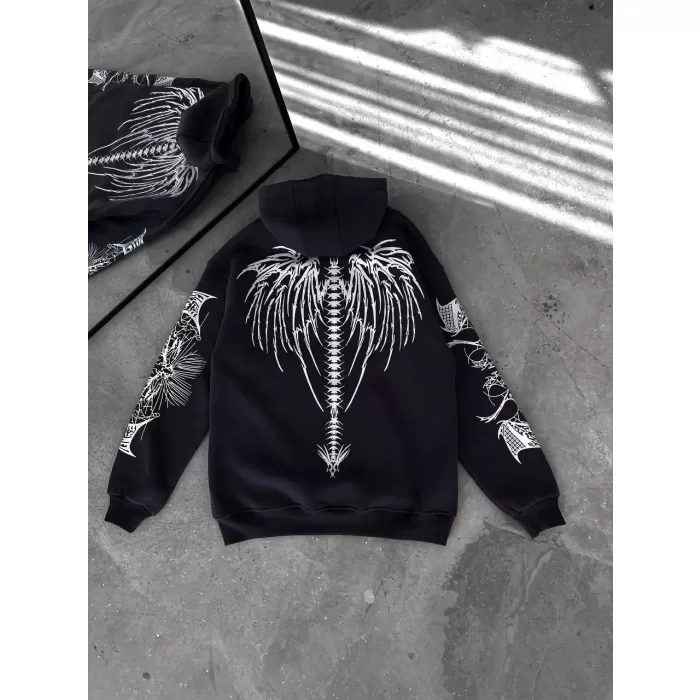 Üç İplik Kapüşonlu Baskılı Oversize SweatShirt- Siyah