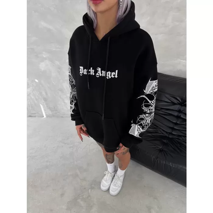 Üç İplik Uzun Kol Kapüşonlu Baskılı SweatShirt - Siyah