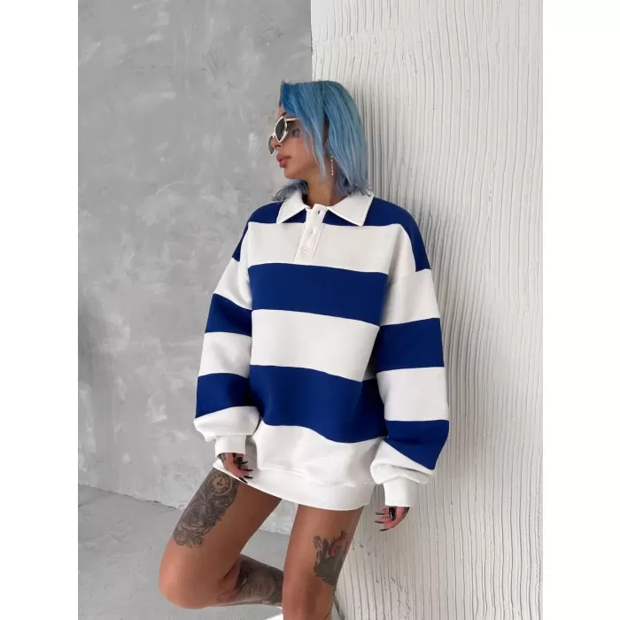 Unisex Üç İplik Parçalı Yakalı SweatShirt - Mavi