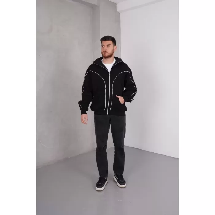 Samuray Kapşonlu ZIP Fermuarlı Çift Kapşonlu Reflektörlü SweatShirt - Siyah