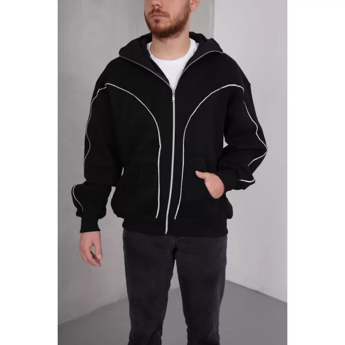 Samuray Kapşonlu ZIP Fermuarlı Çift Kapşonlu Reflektörlü SweatShirt - Siyah