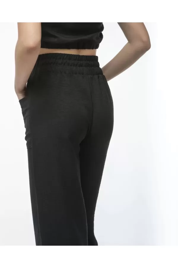 Kadin Keten Pantalon ve Crop Takım - Siyah