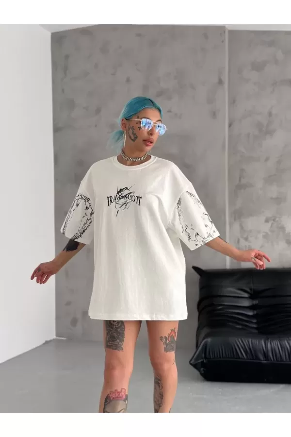 Unisex Bisiklet Yaka Baskılı Oversize T-Shirt - Beyaz