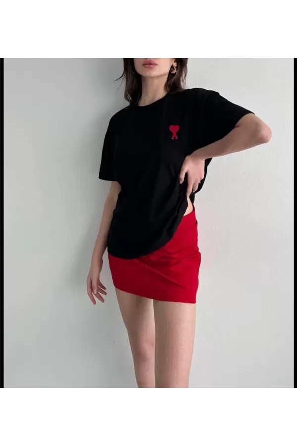 Unisex Bisiklet Yaka Baskılı Oversize T-Shirt - Siyah