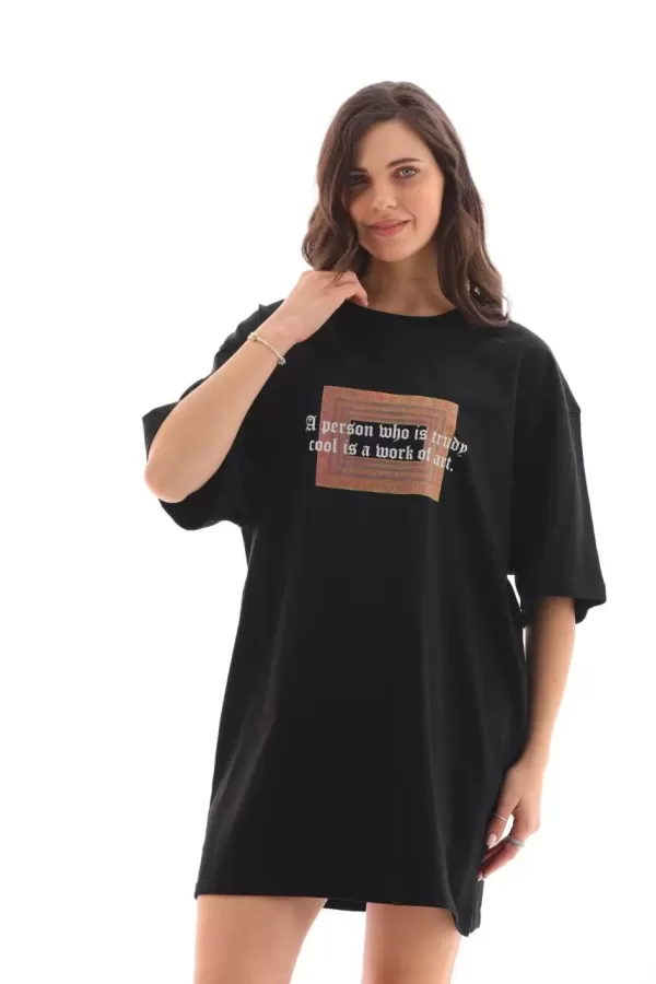 Unisex Bisiklet Yaka Baskılı Oversize T-Shirt - Siyah