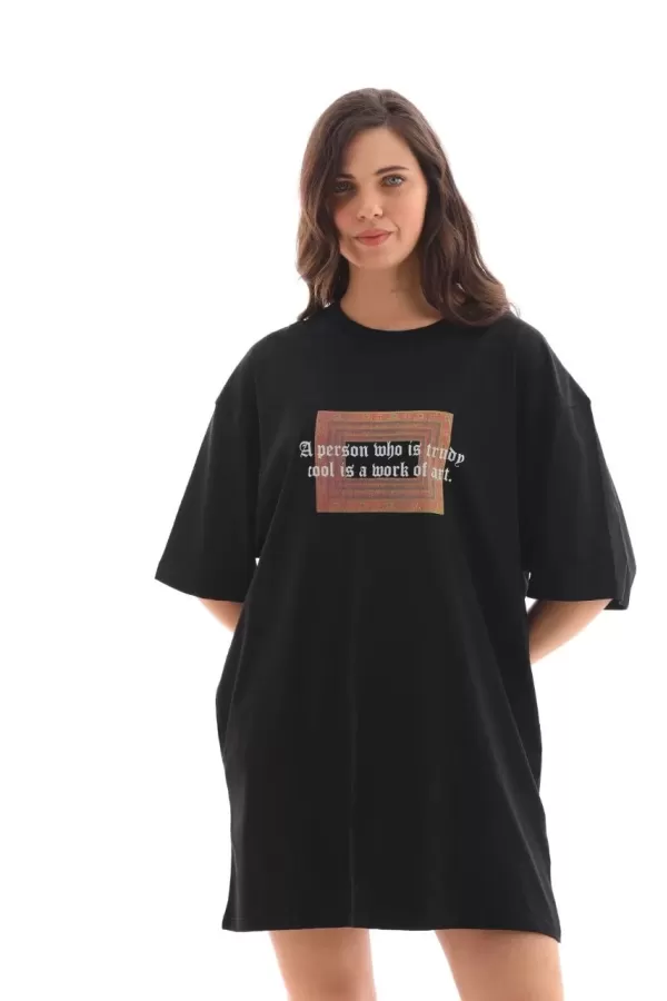 Unisex Bisiklet Yaka Baskılı Oversize T-Shirt - Siyah