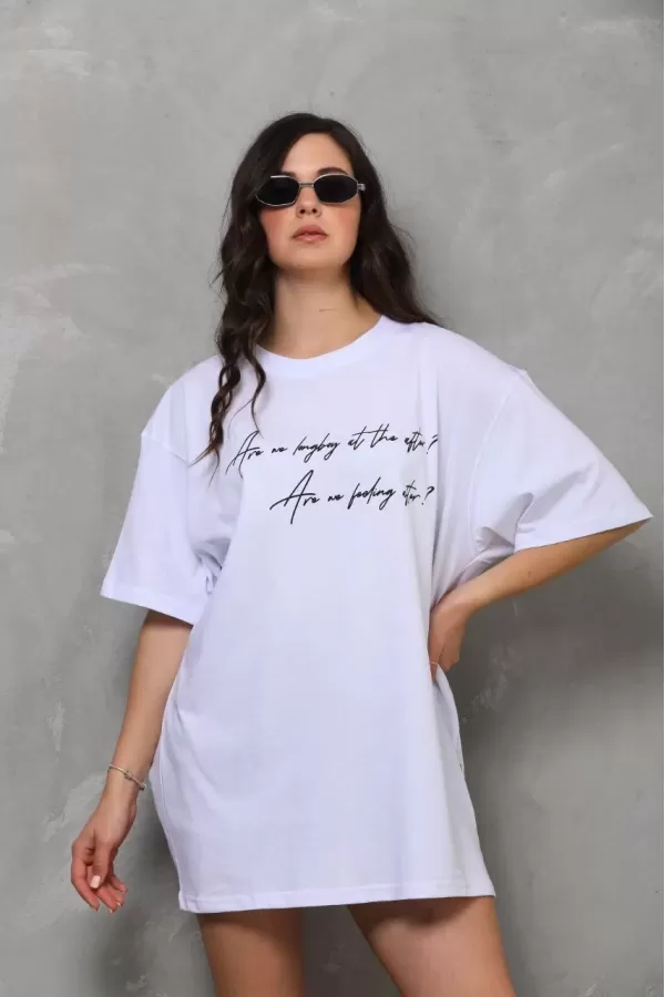 Unisex Bisiklet Yaka Baskılı Oversize T-Shirt - Beyaz