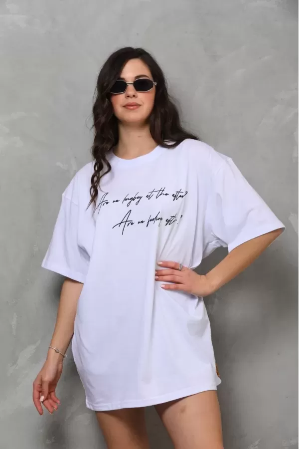 Unisex Bisiklet Yaka Baskılı Oversize T-Shirt - Beyaz