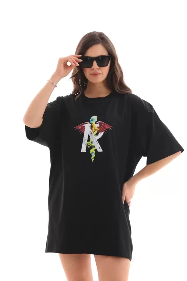 Unisex Bisiklet Yaka Baskılı Oversize T-Shirt - Siyah