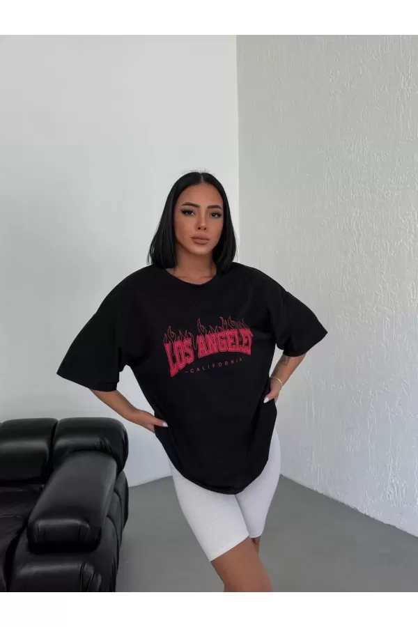 Unisex Bisiklet Yaka Baskılı Oversize T-Shirt - Siyah