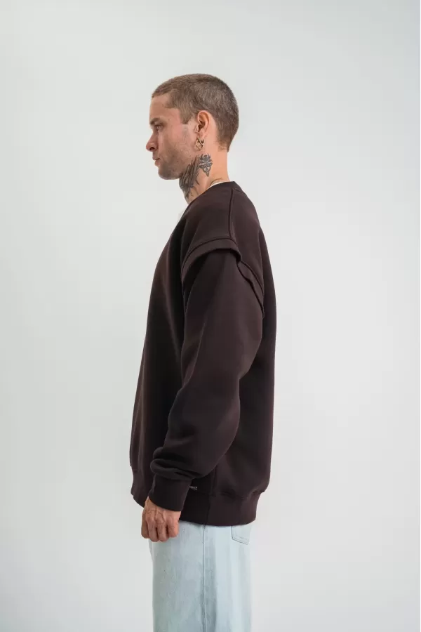 Geniş V yaka Kol Ribana Detaylı SweatShirt - Kahve