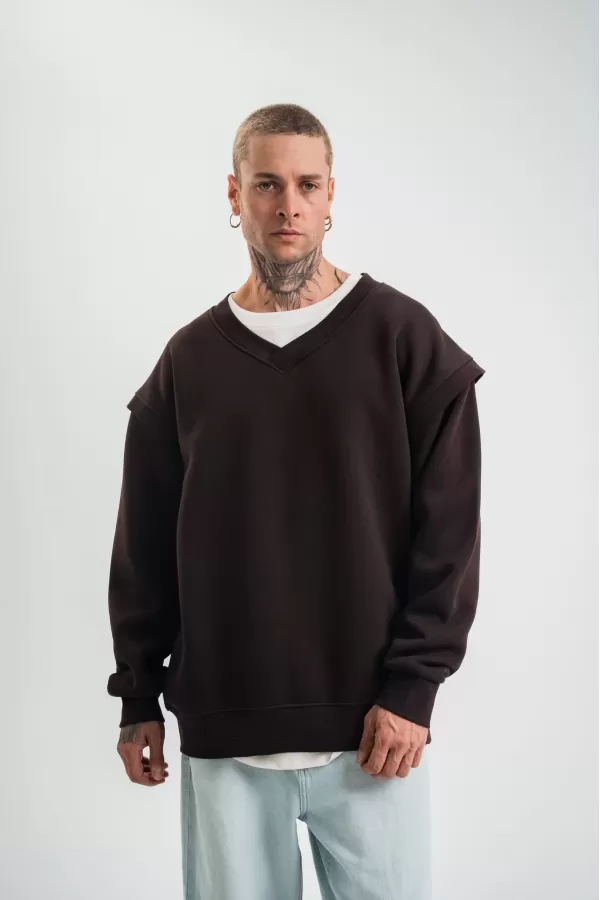 Geniş V yaka Kol Ribana Detaylı SweatShirt - Kahve