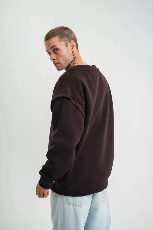 Geniş V yaka Kol Ribana Detaylı SweatShirt - Kahve