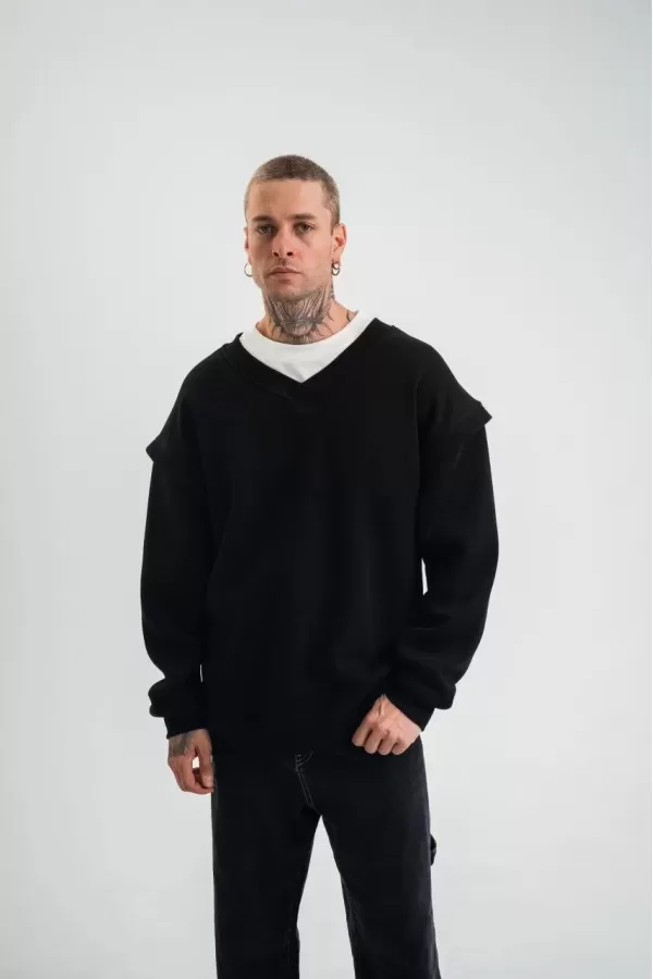 Geniş V yaka Kol Ribana Detaylı SweatShirt - Siyah