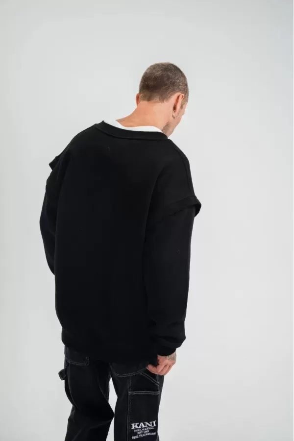 Geniş V yaka Kol Ribana Detaylı SweatShirt - Siyah