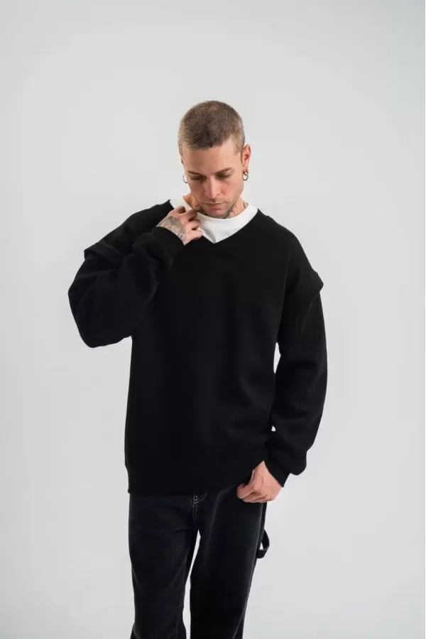 Geniş V yaka Kol Ribana Detaylı SweatShirt - Siyah