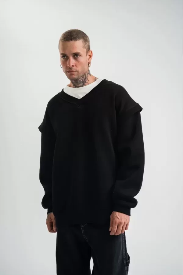 Geniş V yaka Kol Ribana Detaylı SweatShirt - Siyah