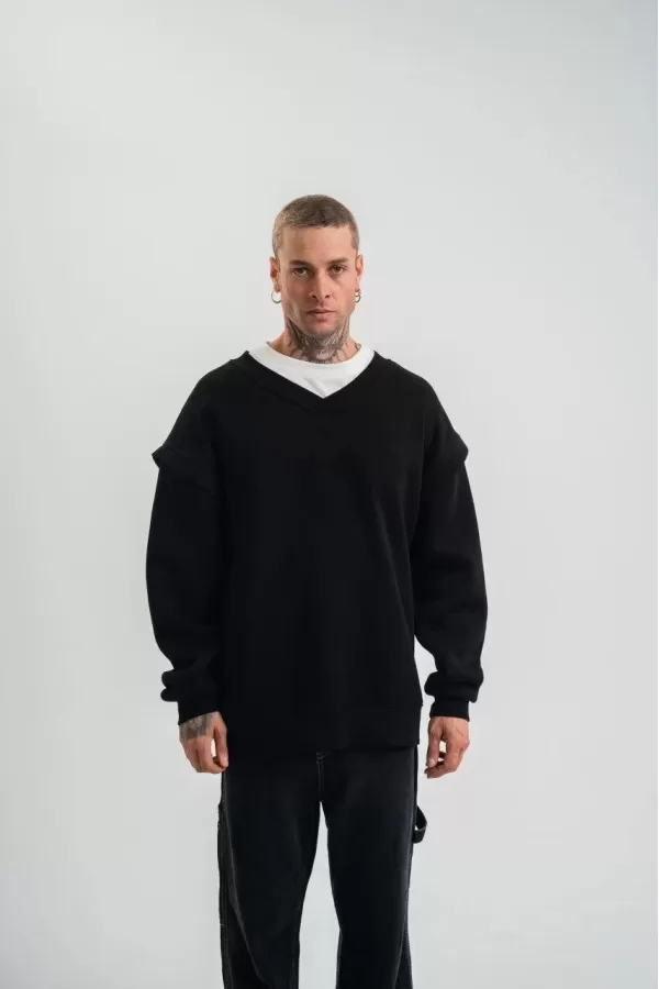 Geniş V yaka Kol Ribana Detaylı SweatShirt - Siyah