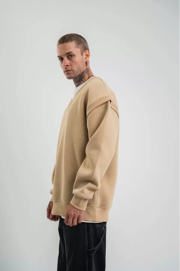 Geniş V yaka Kol Ribana Detaylı SweatShirt - Bej